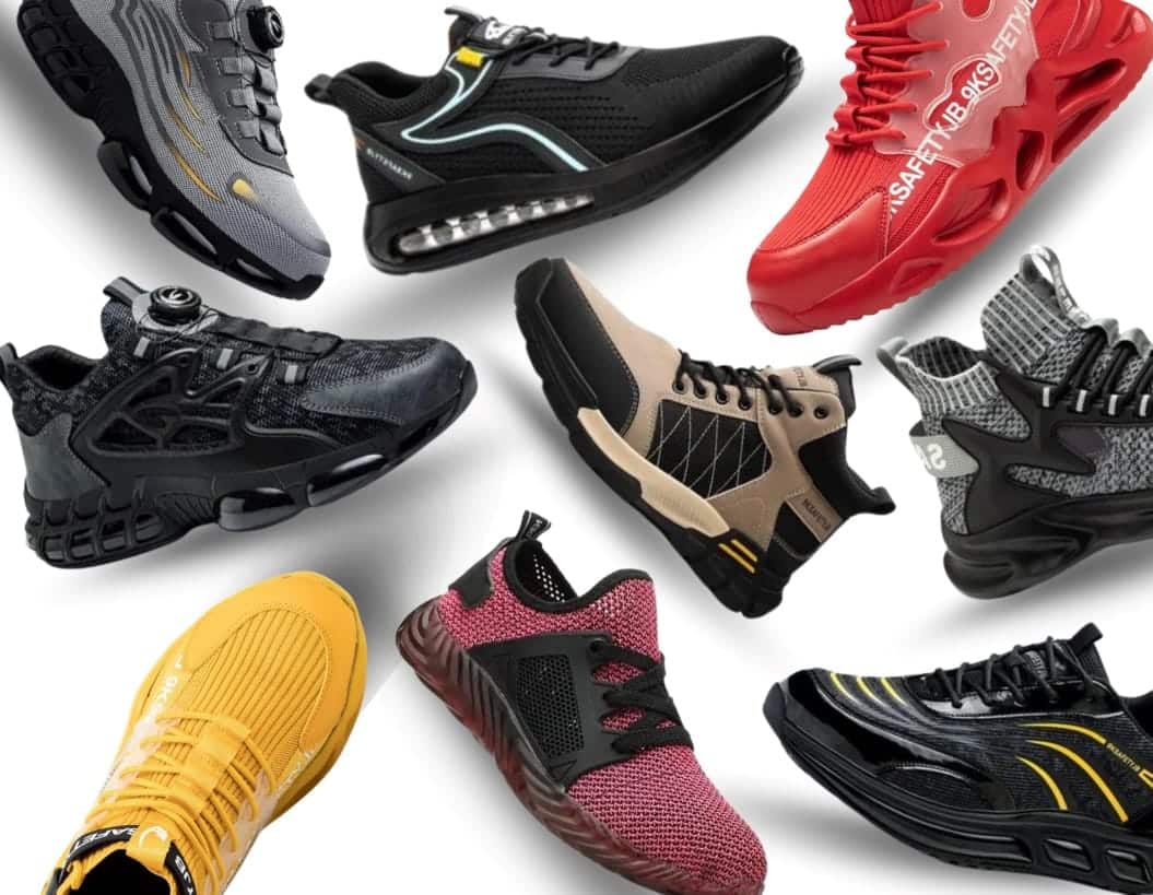 Collection of 9ksafetyjb safety footwear models including boots and sneakers