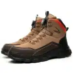 Men’s leather waterproof hiking boots with rugged soles and water-resistant finish.17