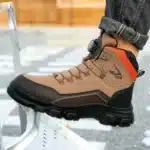 Men’s leather waterproof hiking boots with rugged soles and water-resistant finish.12