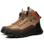Men’s leather waterproof hiking boots with rugged soles and water-resistant finish.1
