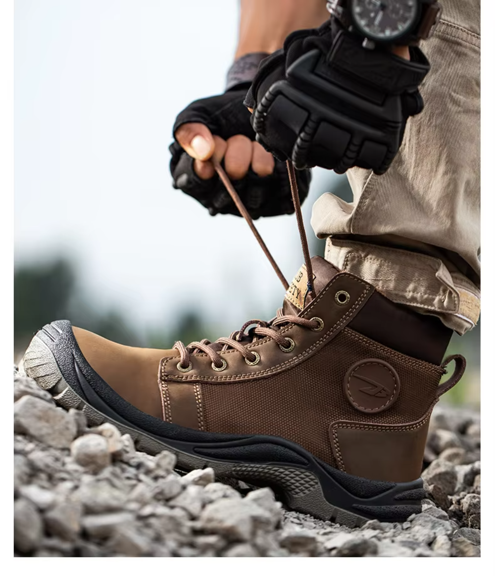 Close-up of safety shoes in muddy agricultural field.