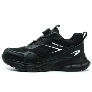 Compact black safety trainers with steel toe, slip-resistant sole, and breathable mesh lining.Zenith 907B