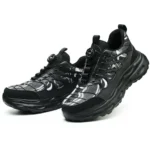 Black knob-lacing work trainers with steel toe, waterproof finish, and rugged outsole.16