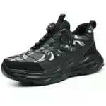 Black knob-lacing work trainers with steel toe, waterproof finish, and rugged outsole.15