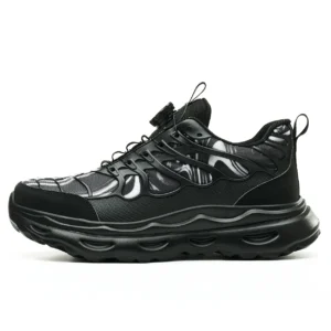 Black knob-lacing work trainers with steel toe, waterproof finish, and rugged outsole.