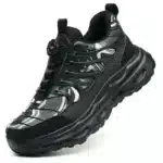 Black knob-lacing work trainers with steel toe, waterproof finish, and rugged outsole.14