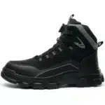 Black leather waterproof work boots with steel toe and rugged tread on white background.